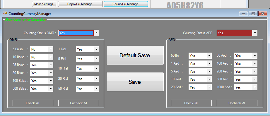 AED and OMR Cash Counting System Deposit Currency Manager Form