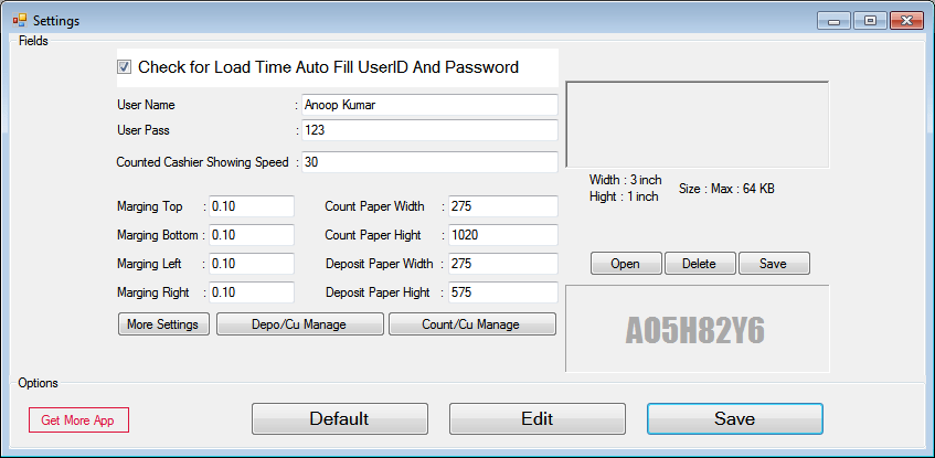 AED and OMR Cash Counting System Defult Setting Form