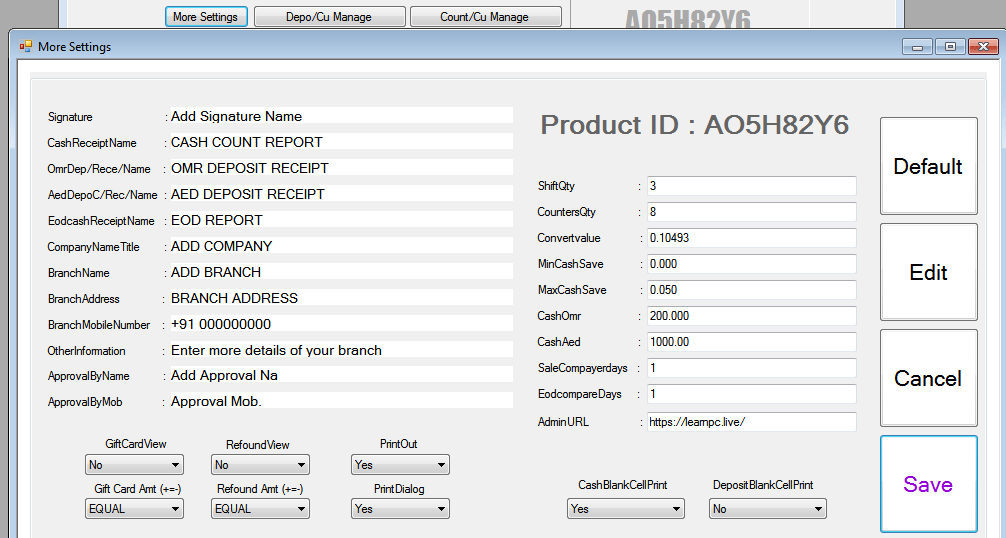 AED and OMR Cash Counting System More Settings Form